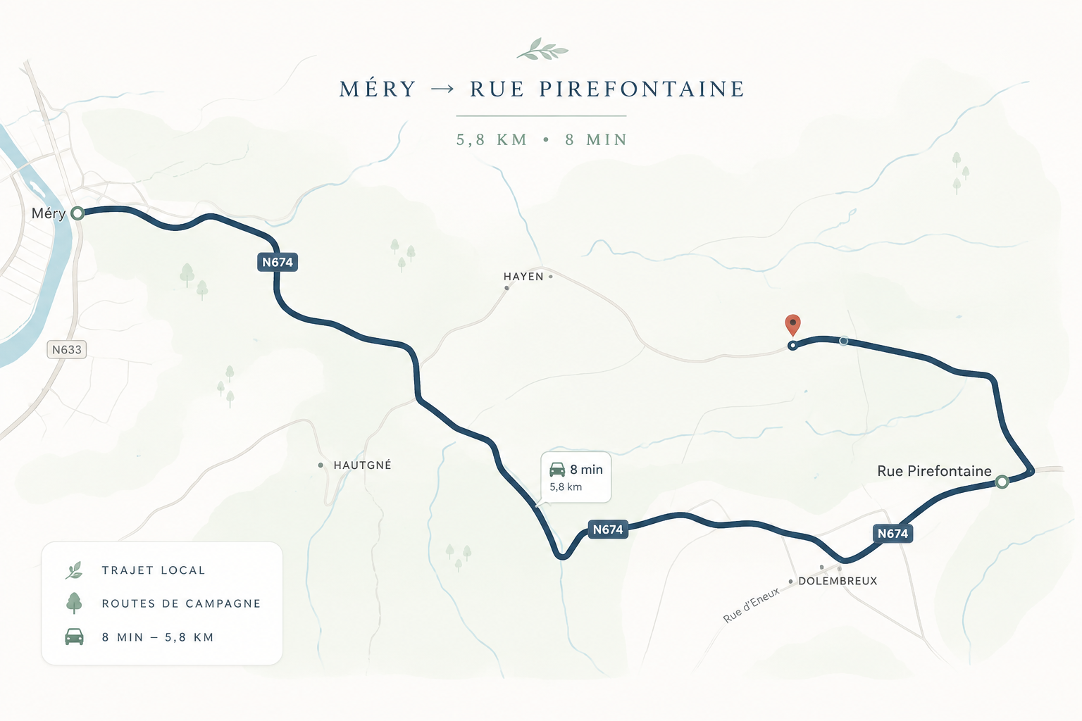 Carte de l’itinéraire conseillé depuis Méry vers la rue Piretfontaine, à afficher sur le site